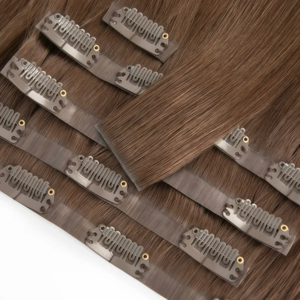 Close-up of the injected PU base and clips on invisible clip-in hair extensions