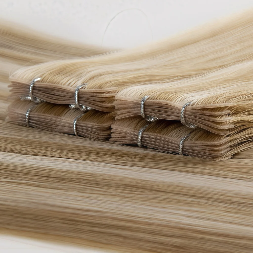 Side view of stacked Invisible Tape-In hair extension tabs held with silver ties, showing layered edges and hair emerging from the bases.