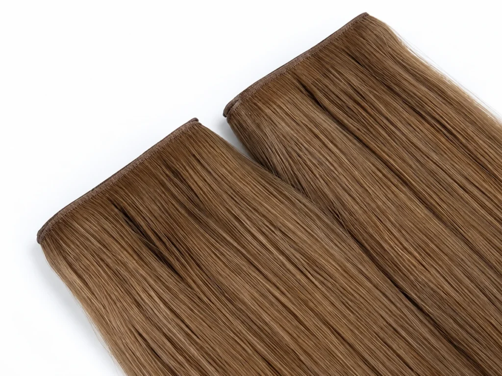 Two folded brown invisible wefts showing fine hair-covered edges and straight hair strands