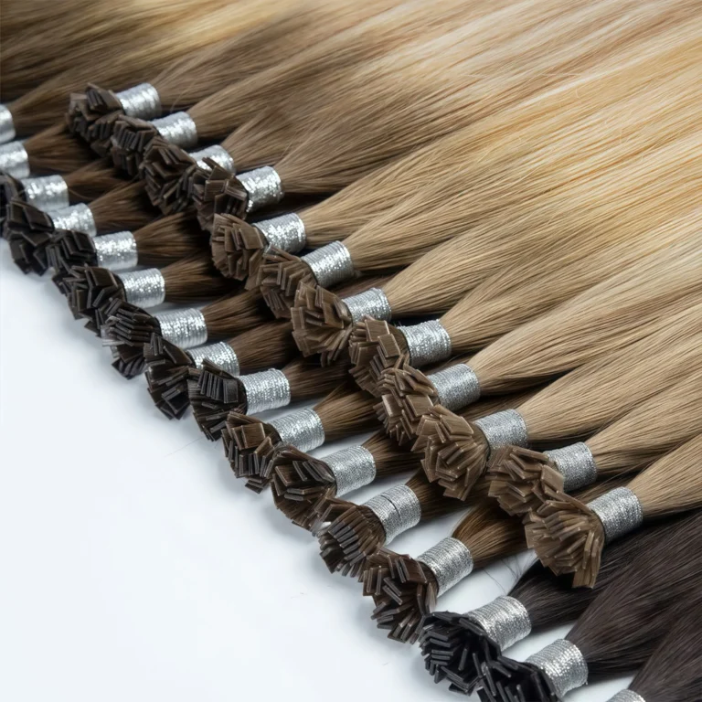 Keratin tip hair extensions in black, brown and blonde shades, arranged in bundles with silver bindings