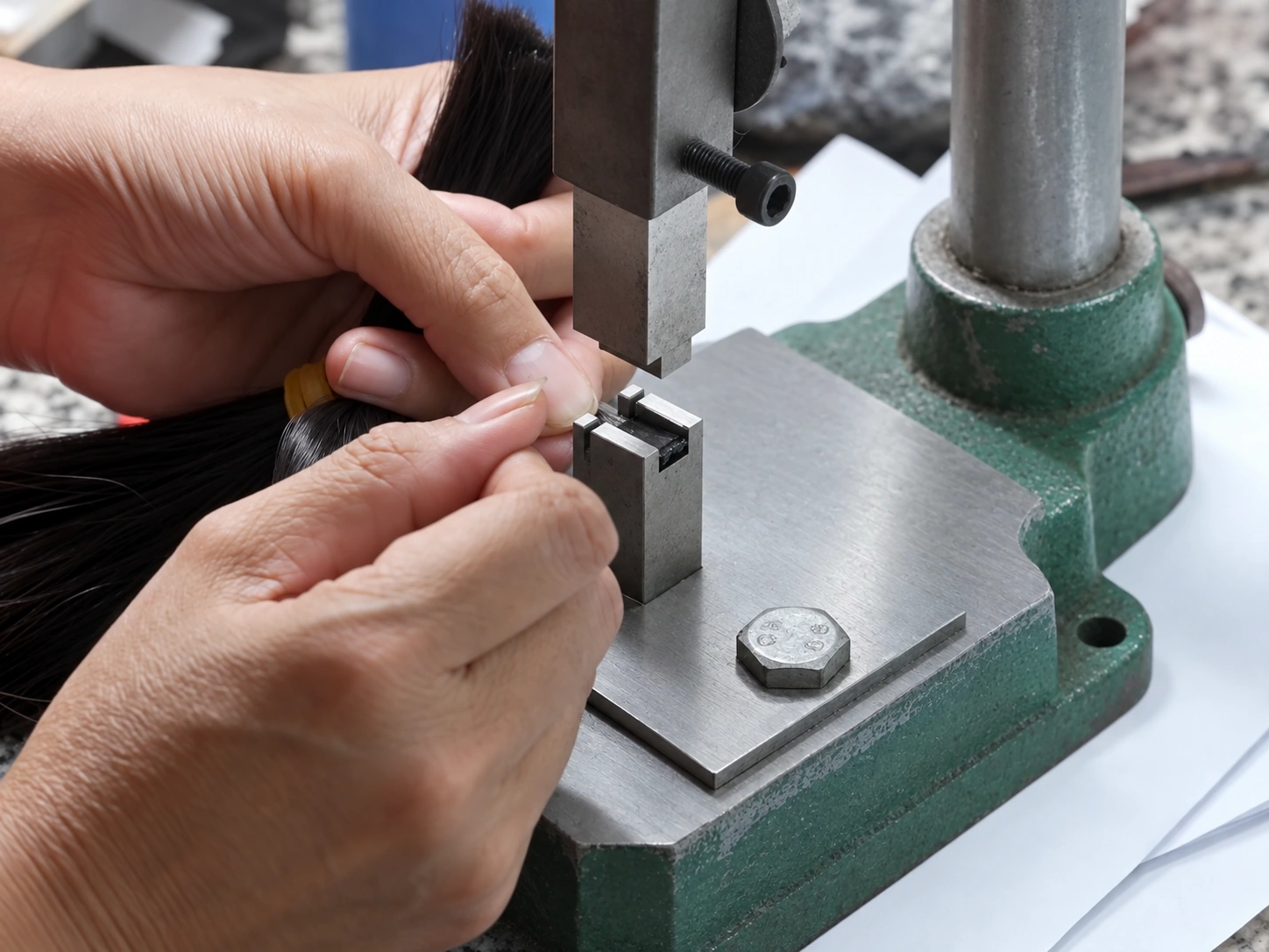 Hands positioning dark hair strands in a keratin tip processing machine