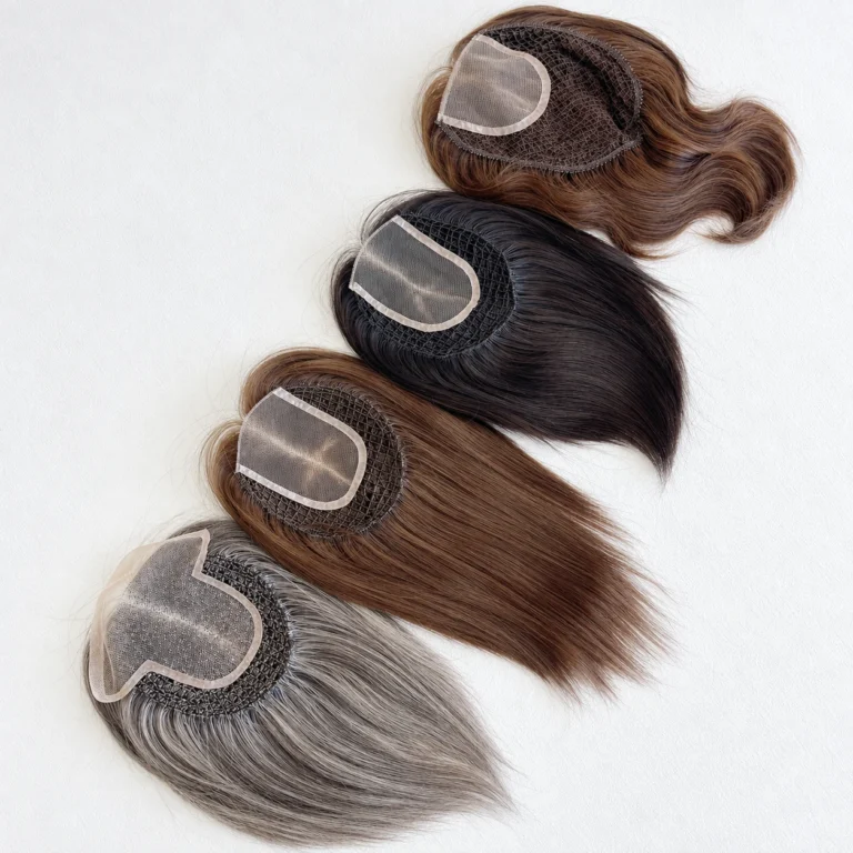 Four human hair toppers in brown, dark brown and silver gray, arranged to show their mesh inserts and sewn base construction.