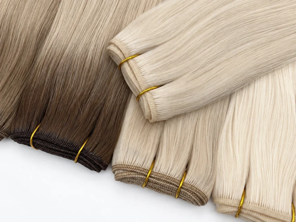 Machine weft hair extensions in blonde and rooted shades showing sewn weft seams