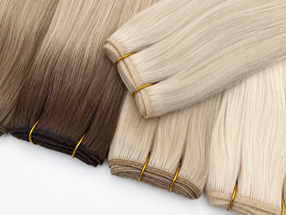 Machine weft hair extensions in blonde and rooted shades showing sewn weft seams