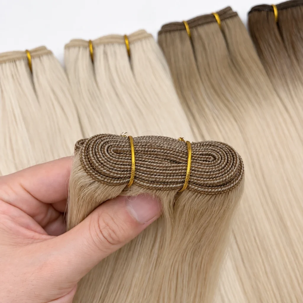 Close-up of a folded machine weft showing stitching rows and return hair at the seam