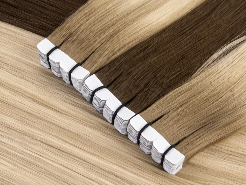 Mini Tape-In hair extension bundles arranged diagonally over loose hair, showing small white tape backing tabs secured with black bands.