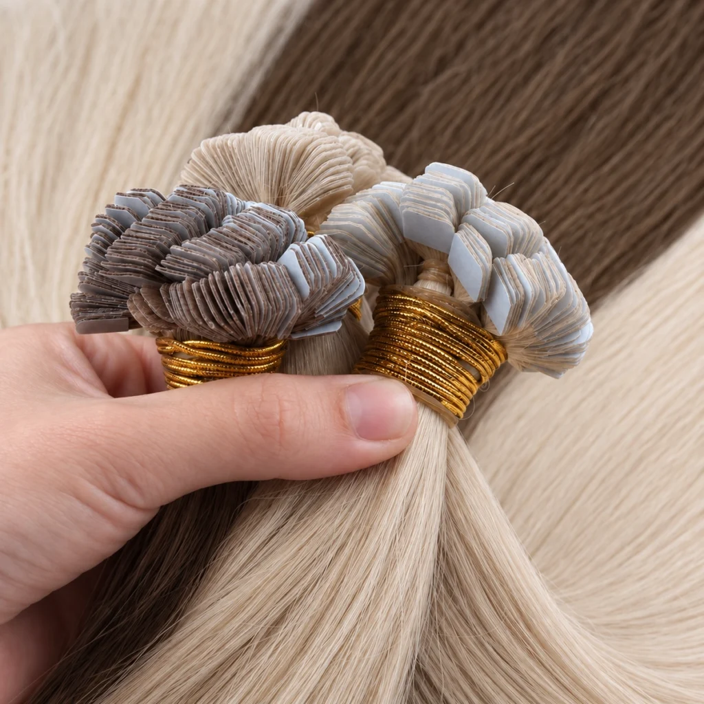A hand holds three Mini Tape-In extension bundles, showing clusters of small layered tabs above gold binding cords.