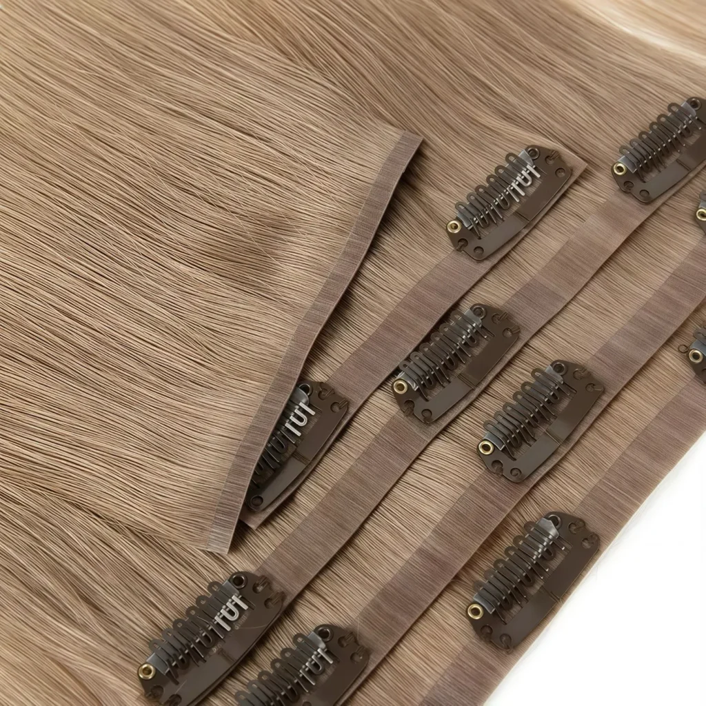 PU clip-in hair extensions showing flexible bases and attached snap clips