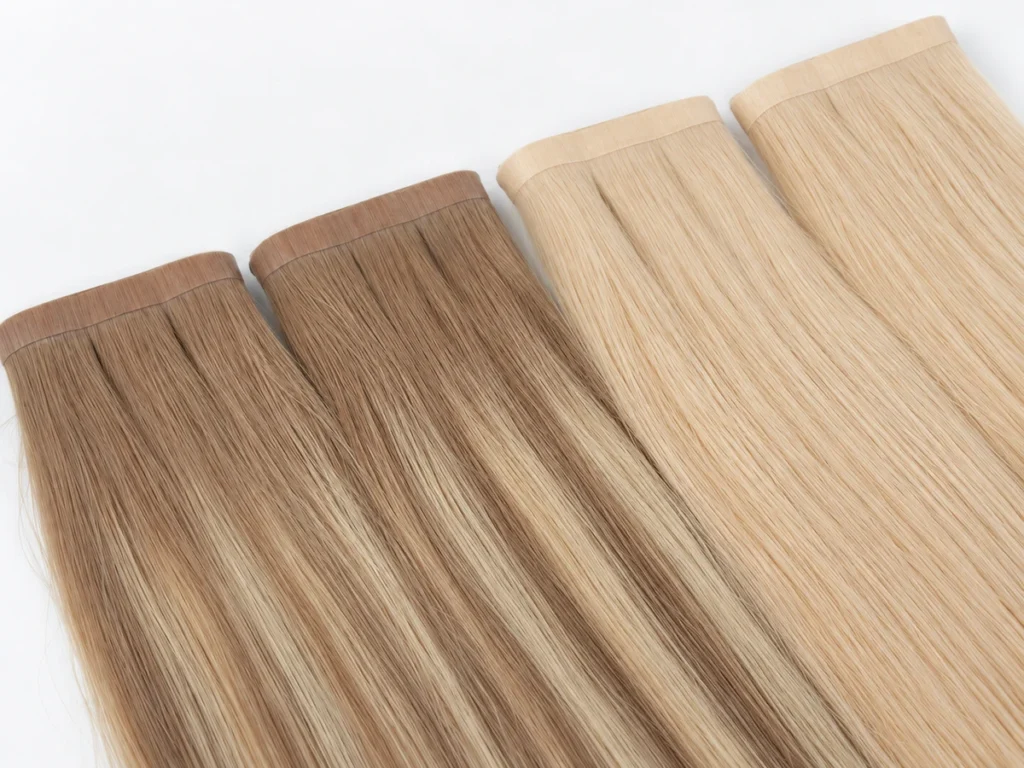 PU weft hair extensions in blonde and beige brown shades with flat color-matched PU bands