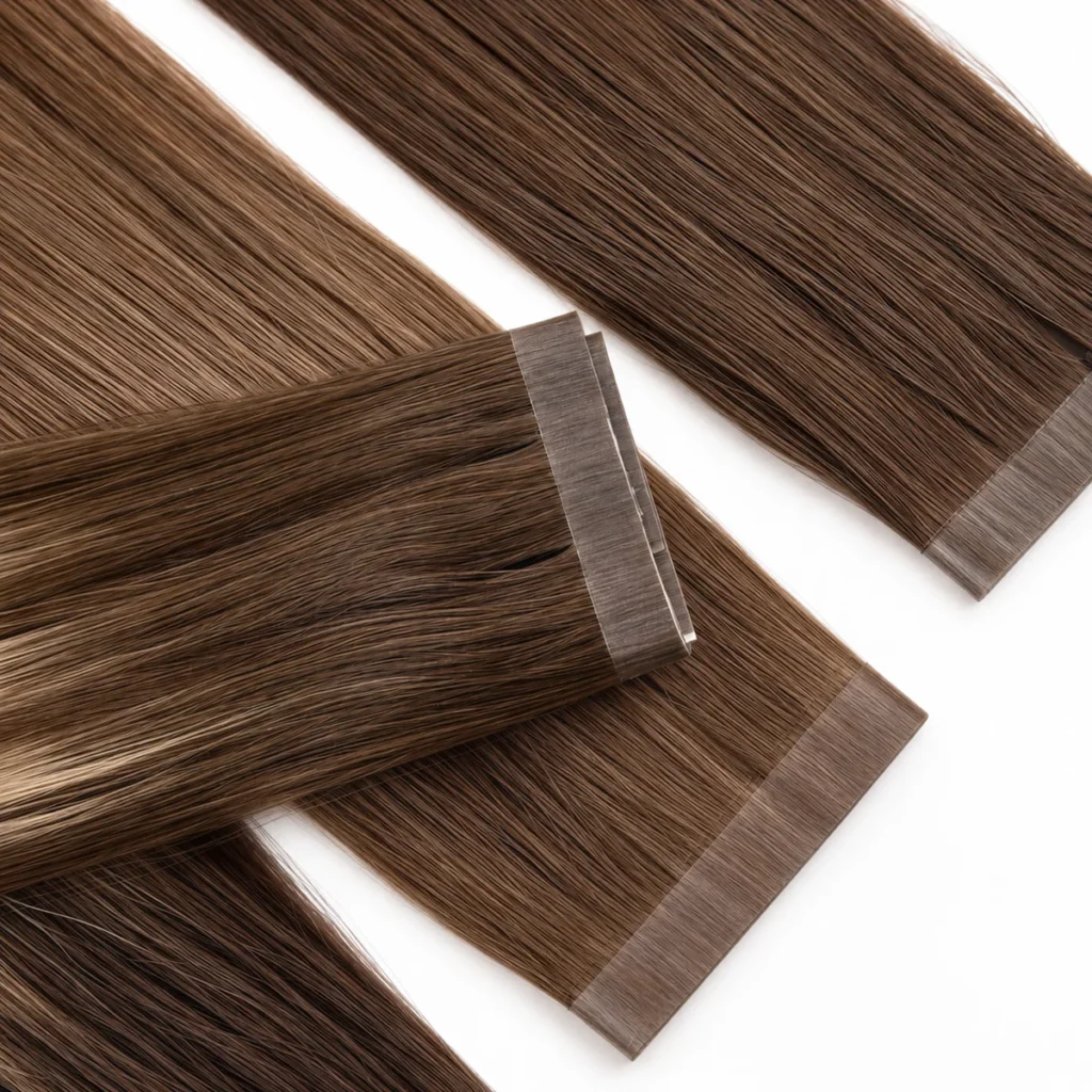 Close-up of overlapping brown PU wefts showing thin flat bases and individual hair strands