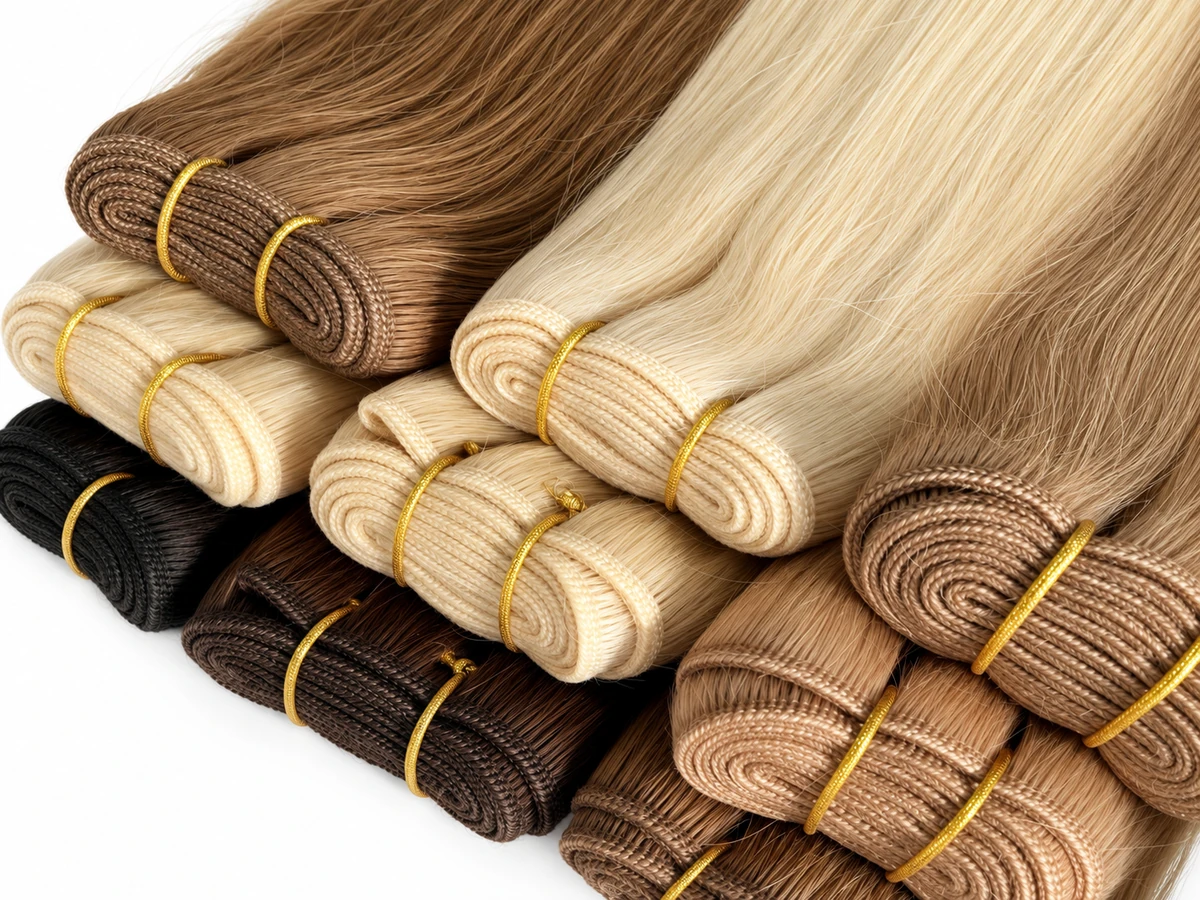 Volume weft hair extensions in blonde, brown and dark shades stacked together on a white background