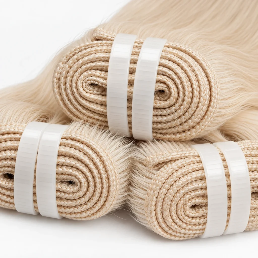 Close-up detail of three rolled blonde volume weft hair extension bundles with white bands