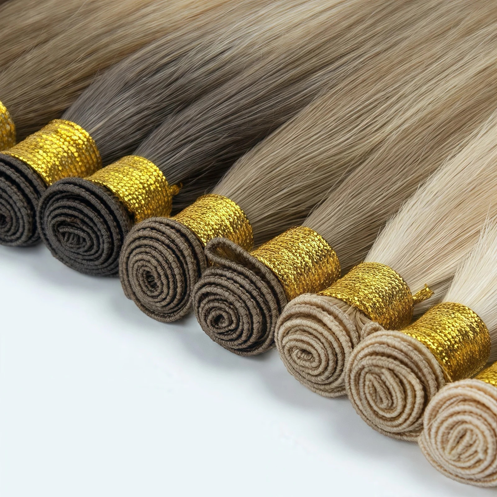Rolled human hair wefts in brown and blonde shades, showing sewn seams and gold ties