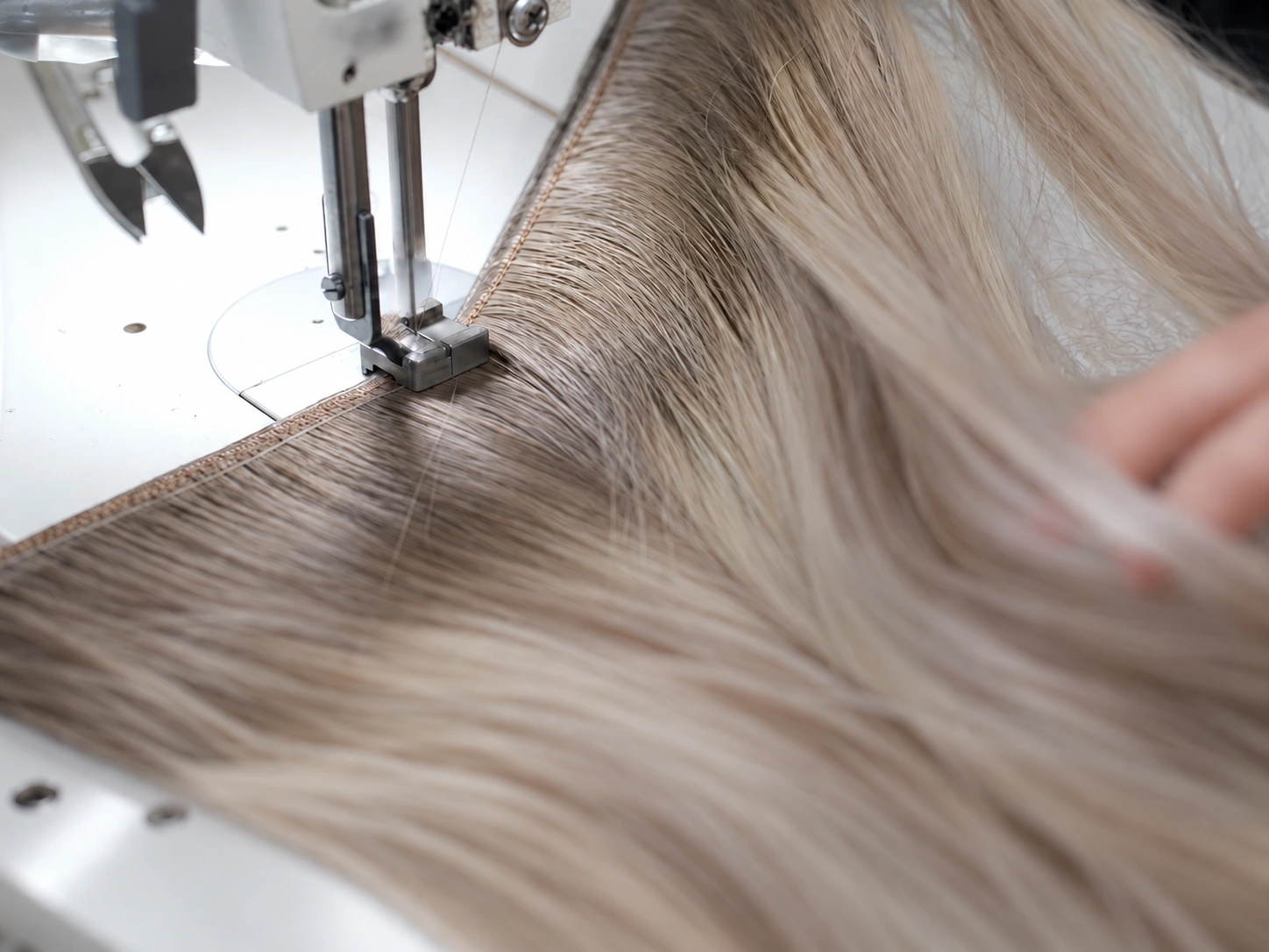 Industrial sewing machine stitching a human hair weft, showing the seam and aligned hair strands